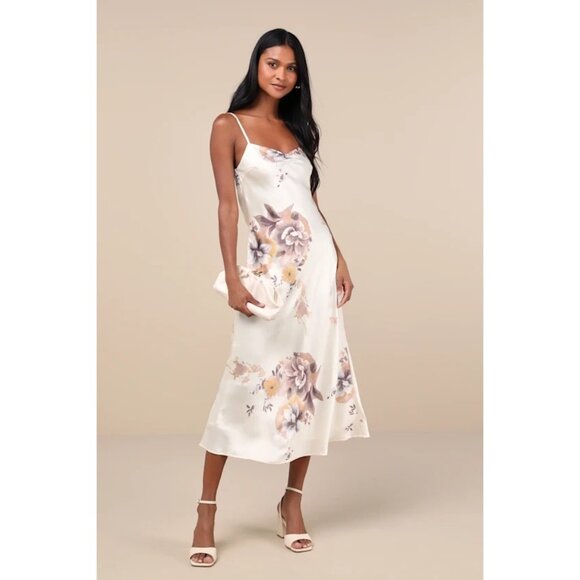 LULUS Womens Large Certified Stunning Beige Satin Floral Lace up Midi Dress - Picture 1 of 14